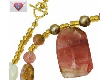 Natural Shades Of Pinks Facetted Banded Stone Gold Tone Toggle Fashion Necklace