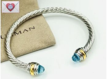 David Yurman Sterling Silver 14K Gold Topaz Cable Cuff Bangle Bracelet ~ Brand New In Box