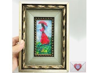 Small Original Signed Impressionistic Impasto Woman With Parasol ~ Oil Painting On Canvas Beautifully Framed