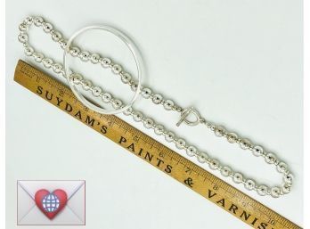 Silvertone Beads Toggle Necklace With Bright Silver Modernist Bangle Bracelet