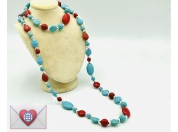 Beautiful Turquoise And Deep Red Contrasting Color Pallet Artsy Statement Beads Necklace