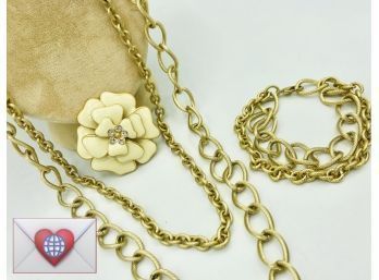 Gold Tone Multi-chain Links Long Necklace With Large Enameled Rose Pendant Or Brooch And Matching Bracelet