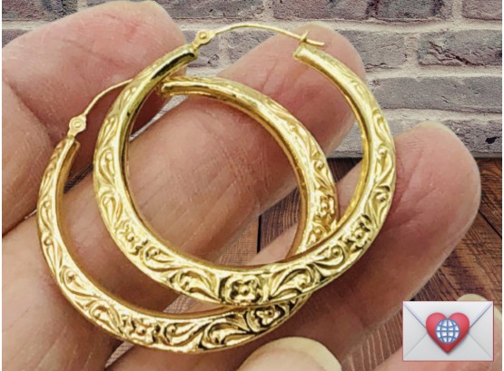 3.5g Solid 14K Gold Romantic Pressed Flowers And Swirls Hoop Pierced Hoop Earrings Signed MB