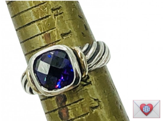 Size 5 Gorgeous Deep Purple Facetted Amythist Set In Modern Contemporary Sterling And Gold Ring