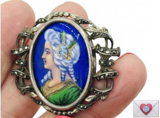WOW! Antique French Hand Painted Enamel Portrait Cameo Miniature Brooch Signed Sterling Silver With Marcasites