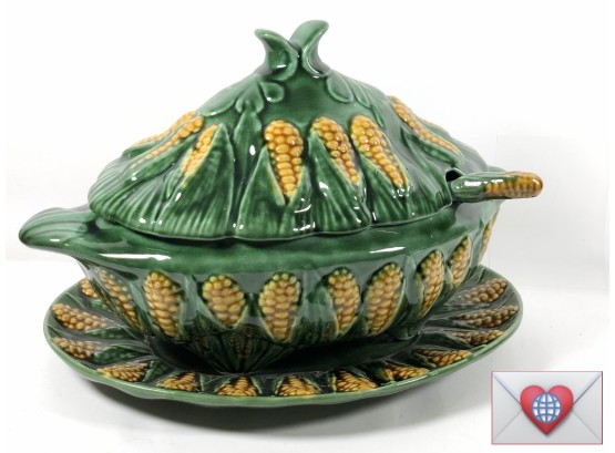 Cob Corn Majolica Beautifully Depicted Green Fire Glazed Portugese Lidded Tureen Platter Ladle