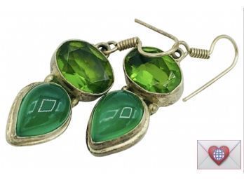 Large Teardrop Cabochon Emeralds And Facetted Peridot Gems Sterling Silver Fish Hook Dangle Earrings ~ Yum!