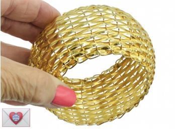 2' Thick Tres Chic Bright Shiny Woven Yellow Gold Flat Wire Fashion Cuff Bracelet