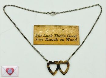 Its All About Love! Faux Tortoise Joined Hearts Antique Patinated Sterling Silver Big C Clasp Belcher Necklace