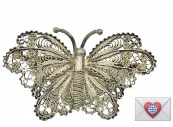 Old World Craftsmanship Handmade .800 Silver Filigree Butterfly Brooch Made In Italy ~