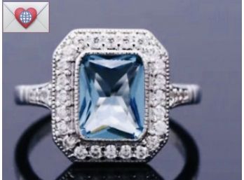 Size 7 Princess Diana Sparkling Emerald-Cut Light Blue Aquamarine Glass Solitaire Bright CZs Sterling Ring