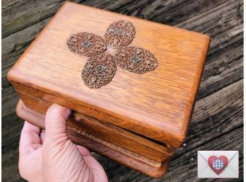 Antique Hinged Silk Lined Oak Box With Applied Pierced Brass Flower