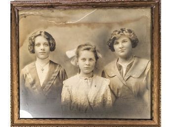 Large Three Sisters Black & White Original Antique Portrait Photo With Great Character
