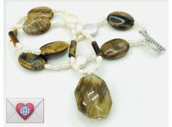 Natural Shades Of Honey Facetted Banded Stone Tigers Eye Rice Pearls Silver Tone Toggle Fashion Necklace