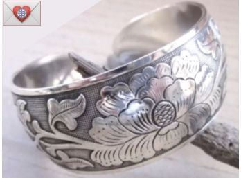 Peony Totem Etched Cuff Bangle Tibetan Silvered Copper Bracelet