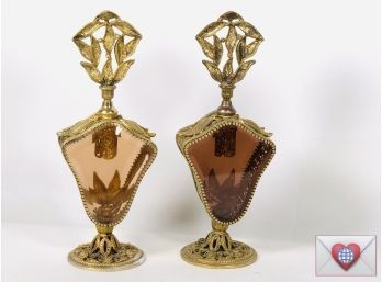 RARE HUGE UNUSUAL TRUE VINTAGE Off The Charts WOW! Heavy Bevelled Peach Crystal Ornate Brass Perfume Bottles