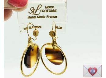 New Old Stock Made In France Brand New On Card Mock Tortoise And 14K G.F. Ear Wire Pierced Hippie Hoop Earring