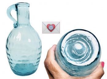 8' Antique Hand Blown Pale Teal Dimpled Blue Art Glass Pitcher Jug With Applied Handle And Pontil
