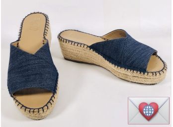 Size 8.5 Denim Canvas And Straw Franco Sarto Open Toe Clog Heel Wedges Sandals Great With Jeans