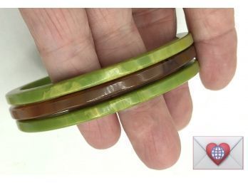 2 Spinach Bakelite Spacer Bangles And One In Browns