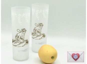 Sensational Set Of 2 Libbey White Rock Fairy Nymph Psyche Tom Collins High Ball Litho Printed Frosted Glasses