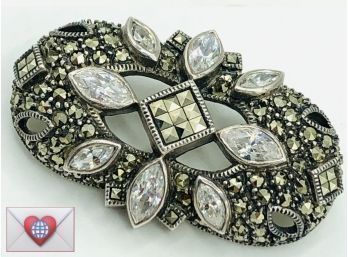 Art Deco Signed JJ Sterling Silver Sparkly CZ And Hematite Gorgeous Statement Brooch