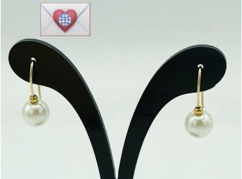 Solid 14K Gold Simple Lightweight Small Pearl Dangle Drop Fishhook Pierced Earrings