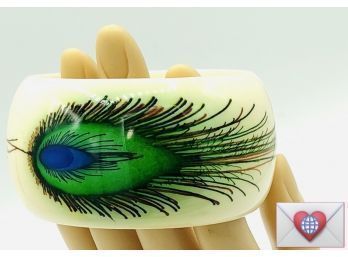 Fun Fabs! Vintage Peacock Plume Thick Lucite Bangle Bracelet