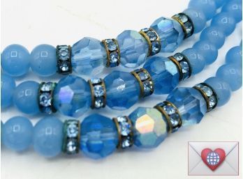 Vintage Blue Glass Beads Triple Strand Very Pretty Aurora Borealis Cut Crystals Necklace ~ Thank You Grandma!