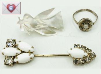 Trois!! Sparkling White Rhinestone/Milk Glass Stick Sterling N-S-E-W Ring Hand Carved Shell Peace Dove Brooch