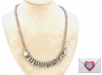 Classic Brilliant Art Deco Signed Carol Deb White Prong-Set Rhinestones Silver Tone Vintage Necklace