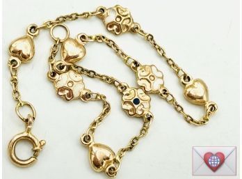 3.2g Solid 22K Portuguese Gold Hearts And Enamel Flowers Bracelet