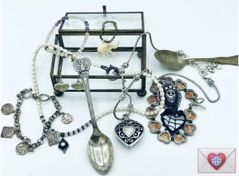 14K Pearls Brighton Vintage To Now WYSIWYG Jewelry Lot In Hinged Cut Crystal Box Egyptian Nouveau Spoon