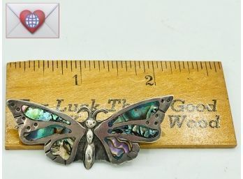Teals And Pinks And Blues Abalone Inlaid In A Handmade Sterling Silver Butterfly Brooch
