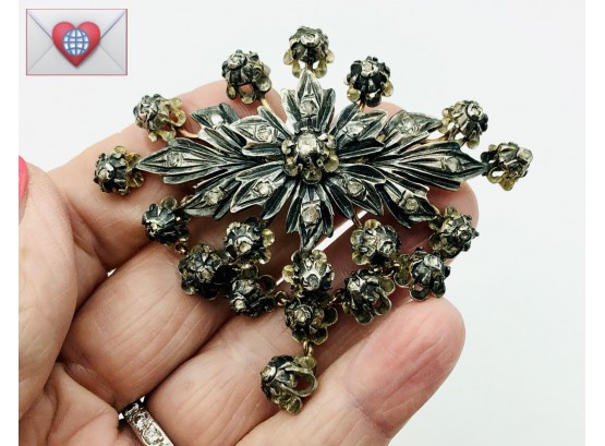 Museum Piece ~ 18K Gold And Sterling Georgian  Rose Cut Diamonds Large Antique Brooch