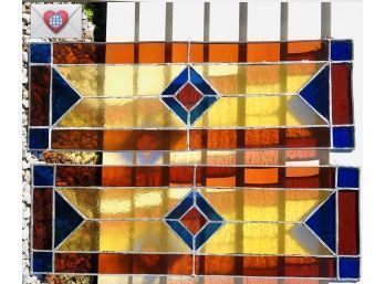 Pair 2 Leaded Stained Glass Artist Handmade Transom Windows