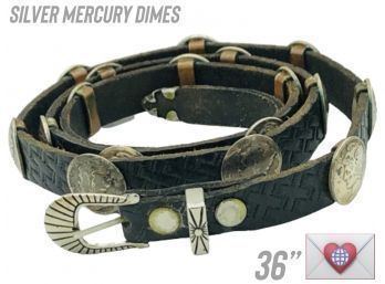 Real Vintage Silver Mercury Dimes Handmade Unisex Conchos Black Leather Belt FABULOUS AND UNIQUE!