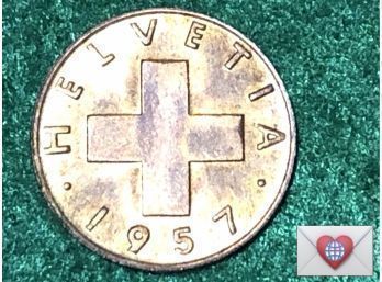 Coin Collectors ~ 1 Rappen 1957 Swiss Wheat Strike Helvetia B (Bern) Frick Estate Provenance {World Coin K-5}