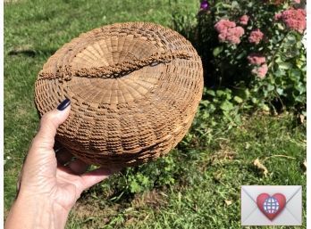 Wonderful Very Antique Handmade Woven Basket With Lid