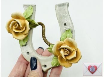 Porcelaine De Capodimonte Horseshoe With Yellow Roses Authentic Handmade Vintage