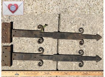 Rare! 2 Large Fancy Hand Wrought Antique Barn Door Strap Hand Forged Iron Hinges