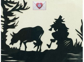 Wonderful Signed German B&W Paper Cut Out Art Antique Silhouette Under Glass
