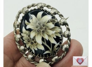 Fire Glazed Porcelain Edelweiss Flowers Prong Set Silver Tone Large Vintage Brooch