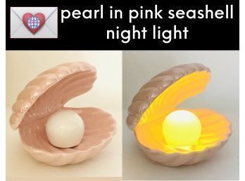 Warm Glowing Pearl In Large Pink Ceramic Clamshell Nightlight
