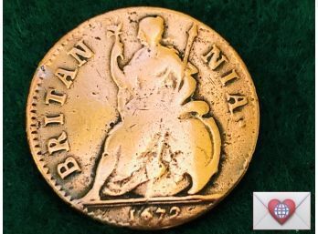 RARE! 1672 English Farthing (1st British Coin To Feature Britannia) Frick Estate Provenance {World Coin H-20}