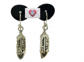 Navajo Zuni Sterling Silver Feather Dangle Fishhook Pierced Earrings With  Nice Patina