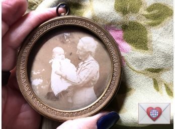 Small Round Antique Photograph In Pressed Brass Frame Under Glass ~ Baby In Grandmother's Arms
