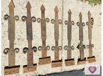 Rare! Set Of 7 Fancy Hand Wrought Antique Barn Door Strap Hand Forged Iron Hinges