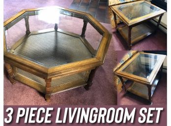 3 Piece Glass Topped Wood & Rattan Table Group