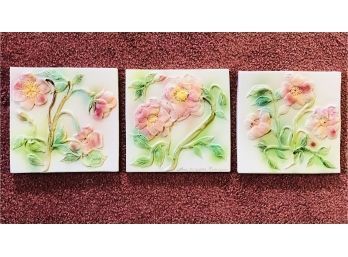 Set Of 3 Beautiful Signed Handmade Raised Floral Fire Glazed Ceramic Tiles